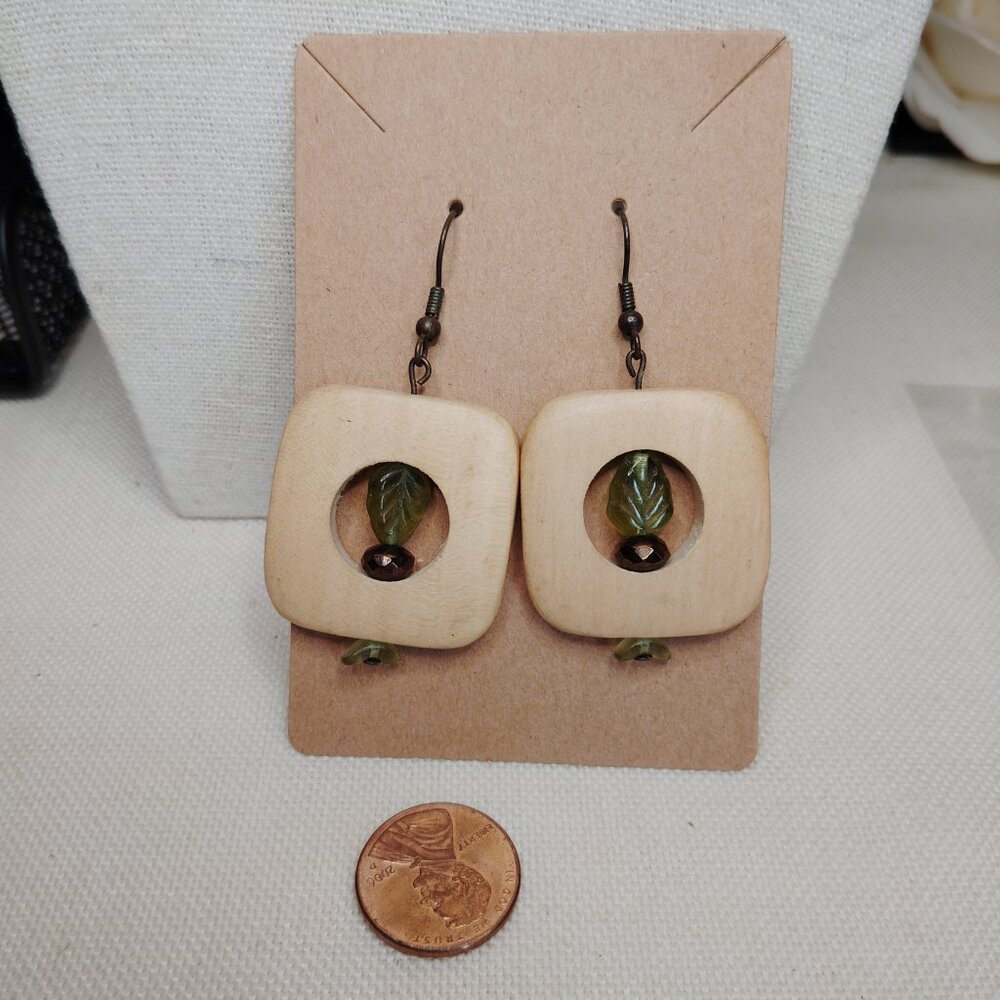 Vintage Wood & Leaf Bead Dangle Earrings – Brass Tone – 2.5" Drop
